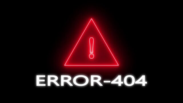 Exclamation mark warning symbol inside triangle frame with text ERROR- 404 on black background alert. Glowing Neon Exclamation Mark Warning Sign with ERROR-404 Text