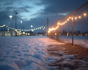 Snowy Ground with String Lights Glowing at Dusk in Winter Scene