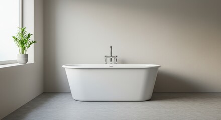 Modern White Freestanding Bathtub in Minimalist Bathroom with Natural Light and Green Plant