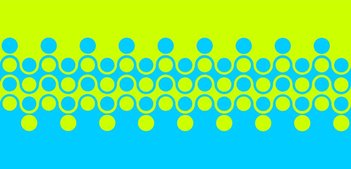 Bold geometric vector pattern. Wavy wide horizontal symmetrical stripes, circles and flowing curves in vibrant lime green and bright aqua blue. Dynamic modern abstract background. Yin Yang design. 