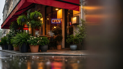 Cafe Storefront with Open Sign