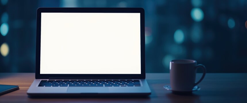Laptop computer with blank white screen coffee mug and smartphone on desk at night with city lights bokeh background for business and technology - Powered by Adobe