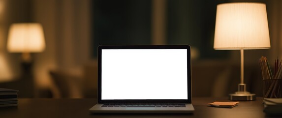 Laptop computer with blank white screen on desk in home office at night with lamps and stationery for remote work and online learning