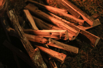 Chopped Firewood cabin heating and lifestyle. Old style resource. Living in rural country side concept.