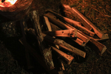 Chopped Firewood cabin heating and lifestyle. Old style resource. Living in rural country side concept.