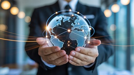 Robot hands holding a global network and biometric authentication, identity verification automation security sensors recognition access privacy compliance accuracy control systems.