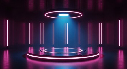 Futuristic Podium with Pink and Blue Neon Lights, Dynamic Cyberpunk Tech Event Stage Display: Gaming Accessory Showcase, Abstract Vertical Presentation, High-Contrast Backdrop.