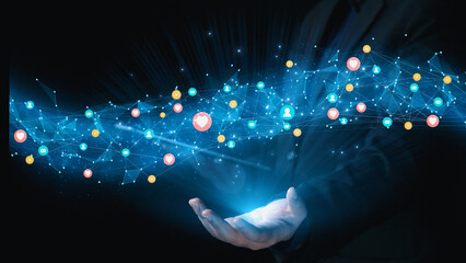 Social media interaction digital icons floating show concept of social media marketing. Online engagement, influencer marketing, and modern connection technology. Elide