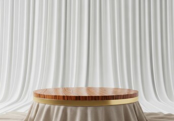 Wood Podium with Gold Band on Draped Cloth, Minimalist Natural Interior Product Display: Home Decor Showcase, Clean Aesthetic Presentation, Simple Vertical Mockup.