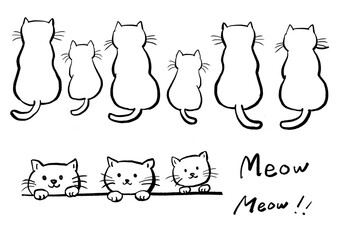 後ろ姿の猫のイラストセット　手書きイラスト