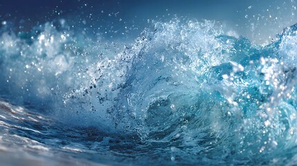 Dynamic ocean wave crests with water splashing in brilliant blue shades