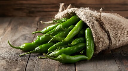 Vibrant green chili peppers spill from a burlap sack onto rustic wooden surface