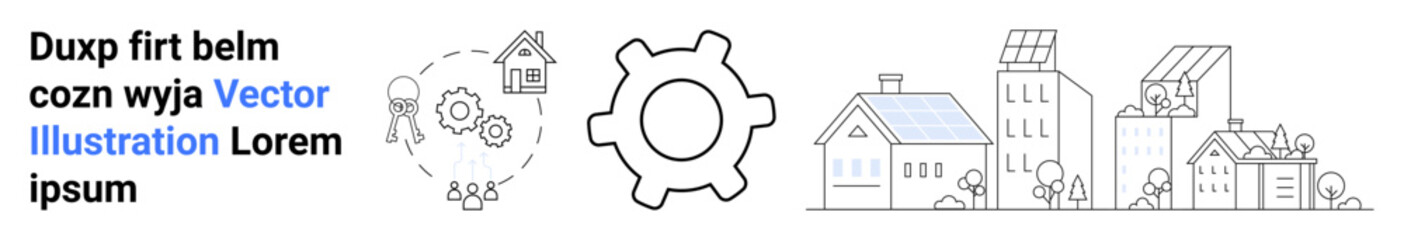 Sustainable living, urban planning, real estate, eco-conscious designs, construction, innovation. Display of gear alongside houses, buildings and solar panels. Sustainable living and urban planning