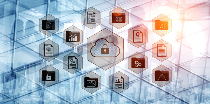 This image illustrates a digital cloud security concept featuring icons representing data protection and privacy. A modern cityscape and glass architecture enhance the high-tech theme. Gantry - Powered by Adobe
