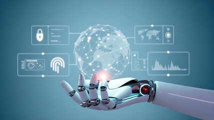 Robot hands holding a global network and biometric authentication, identity verification automation security sensors recognition access privacy compliance accuracy control systems.