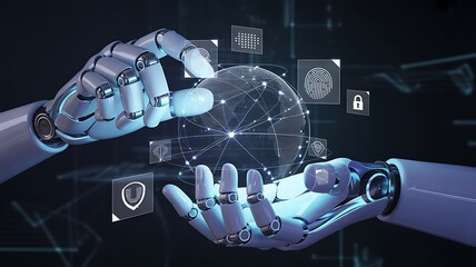 Robot hands holding a global network and biometric authentication, identity verification automation security sensors recognition access privacy compliance accuracy control systems.