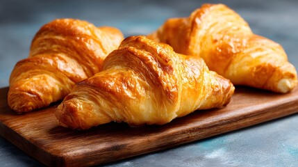 Three golden brown, flaky pastries rest upon a dark wooden serving board