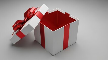 Empty white gift box with red ribbon and stripes isolated on transparent background