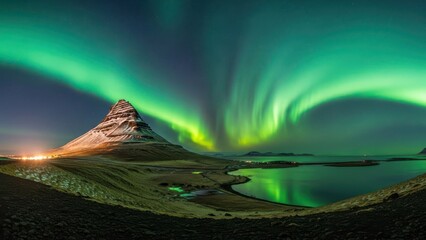 Breathtaking view of kirkjufell mountain under the northern lights isolated on transparent background