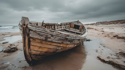 Weathered wooden vessel rests abandoned on a moody coastal shoreline