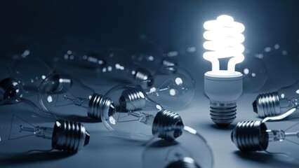 Single bright light bulb standing out among unlit ones isolated on transparent background