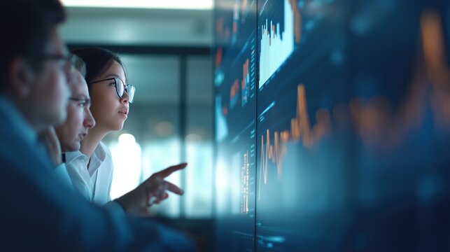 Business team analyzing stock market data on screen in modern office financial analysis and investment strategy for corporate growth - Powered by Adobe