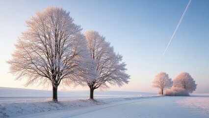 Snow covered trees alongside a frozen road isolated on transparent background