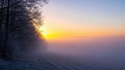 Foggy winter sunrise over snowy field isolated on transparent background