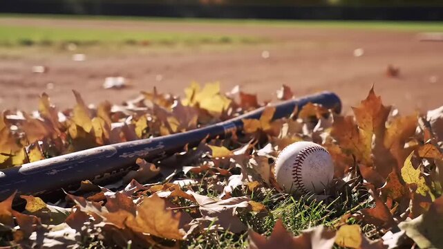 Baseball bat and ball in autumn leaves.