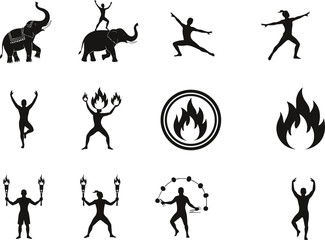 Dynamic circus performers, fire dancers, jugglers, and elephants in bold silhouette vector style, showcasing movement, balance, flames, and artistic performance for entertainment design