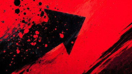 Bold black upward pointing arrow overlays an intensely vibrant red and black abstract background with aggressive paint splatters