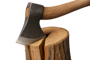 Axe blade chopping wood log, splitting firewood for winter heating, sharp tool concept on transparent background