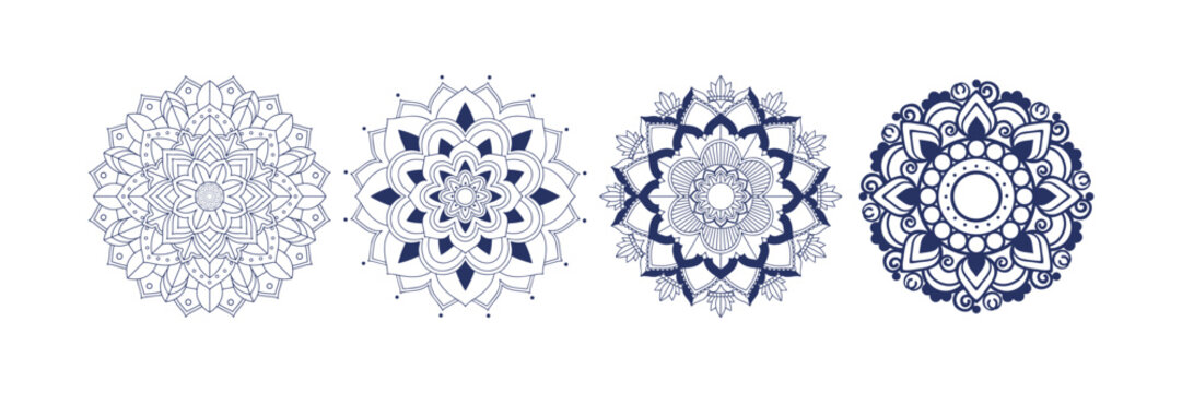 Elegant round gold mandala ornament vector set featuring floral decorative patterns ideal for yoga spiritual meditation posters invitations and traditional artwork design