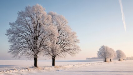 Snow covered trees in a frozen landscape isolated on transparent background