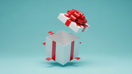 Gift box with red ribbon opening on blue background isolated on transparent background