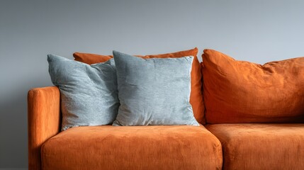 Two pale blue cushions rest against an intensely orange fabric sofa in a modern interior setting.
