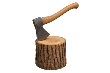Axe stuck in a wooden log stump, chopping block and logging tool for firewood preparation with transparent background