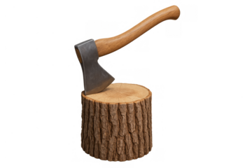 Axe stuck in a wooden log stump, chopping block and logging tool for firewood preparation with transparent background
