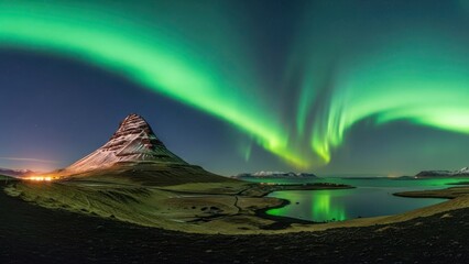 Majestic mountain landscape under vibrant aurora borealis isolated on transparent background