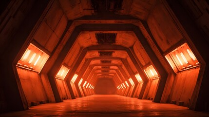 Endless concrete corridor illuminated by repetitive, intense orange light sources creates a dramatic perspective