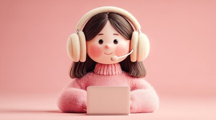 e-learning concept character with headset computer