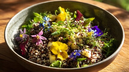 Fototapeta premium Vibrant mixed grain salad adorned with colorful edible blossoms served in a rustic bowl