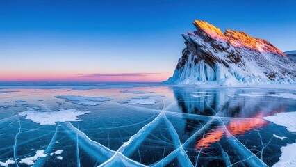 Frozen lake with snowy mountain at sunset isolated on transparent background