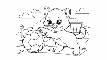 Black and white line drawing of a cute cartoon cat playing with a soccer ball on a field with a goal.