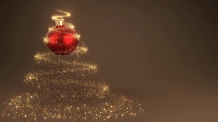 A sparkling golden particle Christmas tree with a shiny red bauble ornament on a warm festive background.