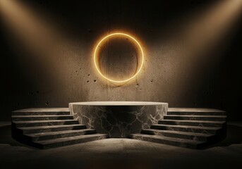 Stone Podium with Steps and Neon Circle on Concrete Floor, Abstract Industrial Product Display Stage: Urban Showcase, High-Contrast Presentation, Minimalist Vertical Mockup.