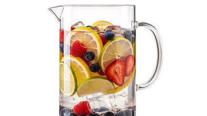 Refreshing summer fruit infused water in glass pitcher perfect for healthy hydration and vibrant lifestyle promotion, ideal for wellness campaigns