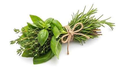 Freshly picked basil, thyme, and rosemary herbs tied with twine, perfect for cooking and adding a touch of elegance to any kitchen or culinary project