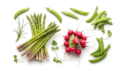 Fresh spring vegetables beautifully arranged on a white background, perfect for healthy eating campaigns or vibrant farm-to-table food blogs and recipes