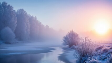 Frozen river landscape at sunrise with frosty trees and fog isolated on transparent background